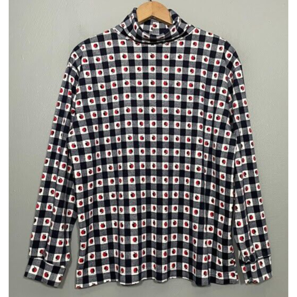 Vintage Size Large Apple Gingham Knit Turtleneck Top Cottagecore Grandma Country